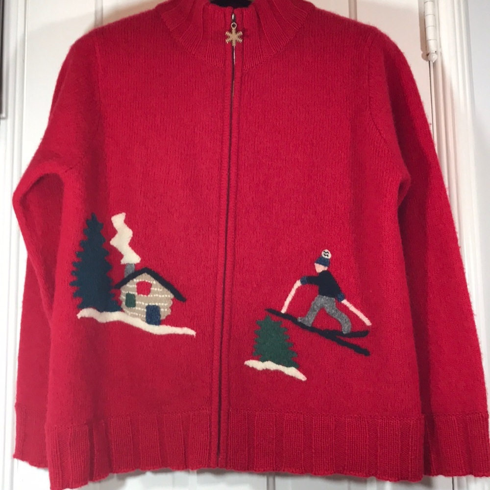 Cardigan knit 🧶 ski motif red Christmas sweater‎